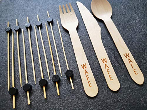 Cubiertos desechables de madera (150 paquete) 50 tenedores | 50 cucharas | 50 cuchillos - Biodegradable y respetuoso del medio ambiente | Alternativa perfecta al plástico | 100 palitos de bambú