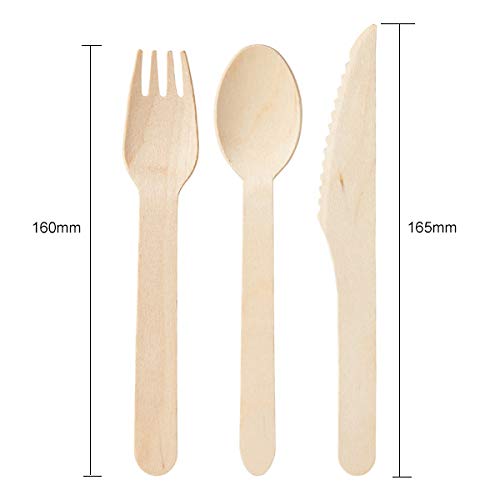 Cubiertos Desechables de Madera Natural, Alternativa perfecta para plástico, 50 cuchillos, 100 tenedores, 50 cucharas, 160 mm, biodegradables (utensilios ecológicos)