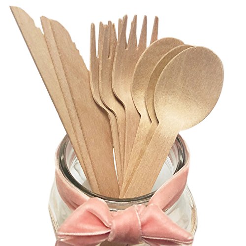 Cubiertos Desechables de Madera Natural, Alternativa perfecta para plástico, 50 cuchillos, 100 tenedores, 50 cucharas, 160 mm, biodegradables (utensilios ecológicos)