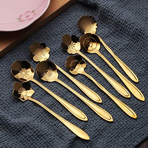 Cuchara de café de acero inoxidable con diseño de flores, cucharas de mango largo de 4,9 pulgadas, cuchara de azúcar, cuchara de agitación, cuchara de mezcla, juego de 8 (dorado)