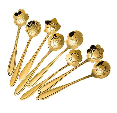 Cuchara de café de acero inoxidable con diseño de flores, cucharas de mango largo de 4,9 pulgadas, cuchara de azúcar, cuchara de agitación, cuchara de mezcla, juego de 8 (dorado)