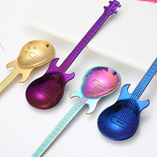 Cucharilla de café de Aubess, con forma de guitarra, de acero inoxidable 304, para helados y dulces, utensilio de cocina, suministros de vajilla, Acero inoxidable 304, Morado, 11.7 x 3cm