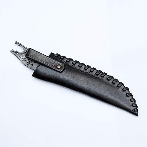 Cuchilla de Acero Forjado a Mano con cabeza de pez y Punta y Funda de Piel auténtica en Color Negro, para Amantes del Arte y la Cultura, Longitud Total de 24 cm, Regalo Original