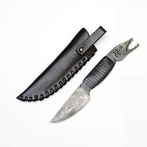 Cuchilla de Acero Forjado a Mano con cabeza de pez y Punta y Funda de Piel auténtica en Color Negro, para Amantes del Arte y la Cultura, Longitud Total de 24 cm, Regalo Original