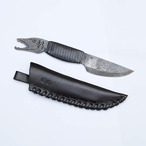 Cuchilla de Acero Forjado a Mano con cabeza de pez y Punta y Funda de Piel auténtica en Color Negro, para Amantes del Arte y la Cultura, Longitud Total de 24 cm, Regalo Original