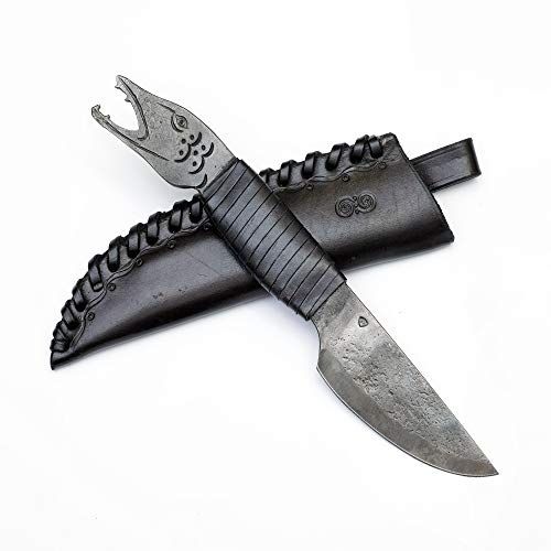 Cuchilla de Acero Forjado a Mano con cabeza de pez y Punta y Funda de Piel auténtica en Color Negro, para Amantes del Arte y la Cultura, Longitud Total de 24 cm, Regalo Original