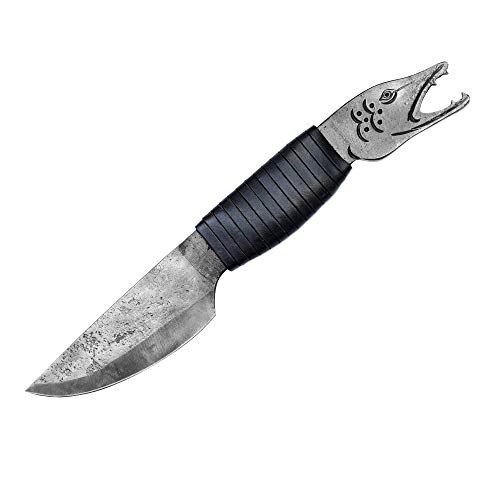 Cuchilla de Acero Forjado a Mano con cabeza de pez y Punta y Funda de Piel auténtica en Color Negro, para Amantes del Arte y la Cultura, Longitud Total de 24 cm, Regalo Original