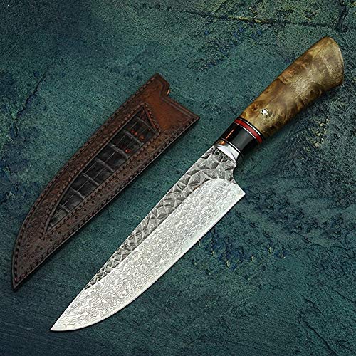 Cuchillo 7" Cuchillo for vegetales japonesa Cuchilla de acero de Damasco Profesional cocinero cuchillos hechos a mano del cuchillo de cocina del chef con la envoltura de cuero