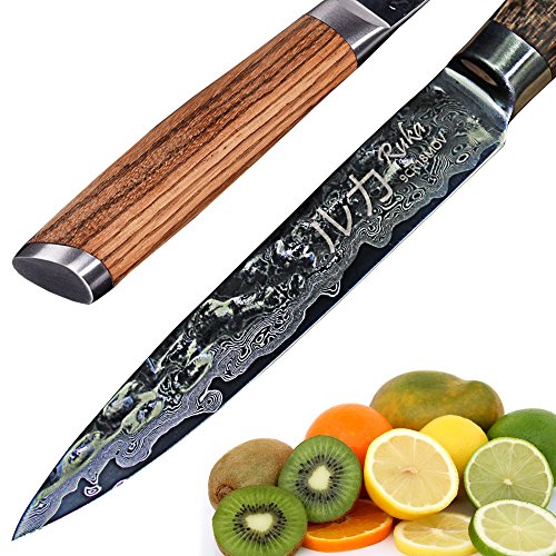 Cuchillo de acero inoxidable Damasco 13cm, aspecto martillado, acero japonés VG-10 afilado 67 capas, cuchillo damasco con mango ergonómico