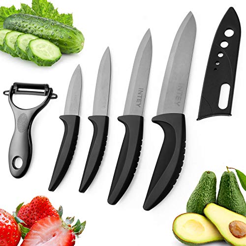 Cuchillo de Cerámica Set, Juego de Cuchillos, Set Cuchillos de Cerámica, 4 x Cuchillos, 1 x Pelador Estuche Protector de Goma, Mango ergonómico, Resistente a la Corrosión