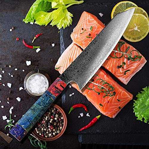 Cuchillo de Damasco Cuchillo de cocina del chef de 8" pulgadas salmón japonés acero de Damasco de la cocina que rebana el cuchillo de carnicero Santoku solidificadas de madera de alta definición