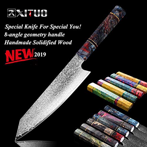 Cuchillo de Damasco Cuchillo de cocina del chef de 8" pulgadas salmón japonés acero de Damasco de la cocina que rebana el cuchillo de carnicero Santoku solidificadas de madera de alta definición