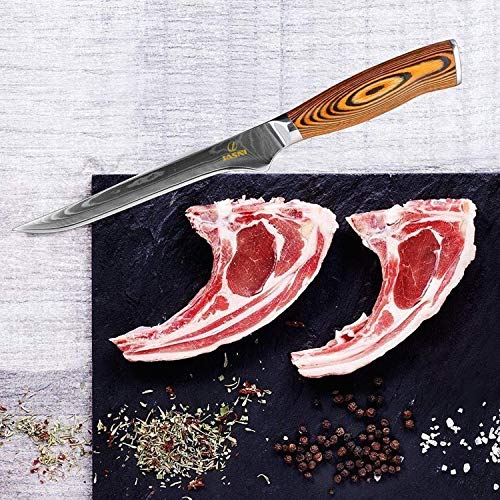 Cuchillo de deshuesado de 6 pulgadas- Cuchillo de chef profesional de Damasco con acero Súper Damasco y cómoda manija de madera