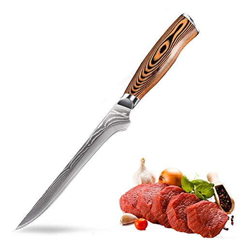 Cuchillo de deshuesado de 6 pulgadas- Cuchillo de chef profesional de Damasco con acero Súper Damasco y cómoda manija de madera