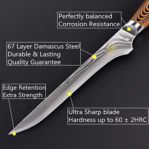 Cuchillo de deshuesado de 6 pulgadas- Cuchillo de chef profesional de Damasco con acero Súper Damasco y cómoda manija de madera