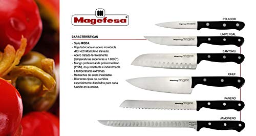 Cuchillo MAGEFESA Roda Acero Inoxidable AISI 420 Molibdeno Vanadio, Mango ergonómico, fácil Limpieza, Triplemente remachados garantizando una Mayor Seguridad (Pack 6 Cuchillos)