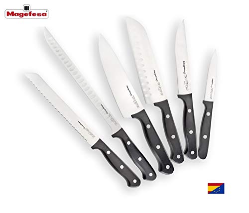 Cuchillo MAGEFESA Roda Acero Inoxidable AISI 420 Molibdeno Vanadio, Mango ergonómico, fácil Limpieza, Triplemente remachados garantizando una Mayor Seguridad (Pack 6 Cuchillos)