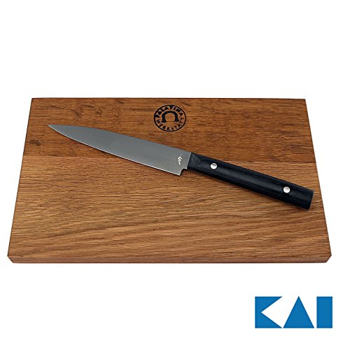 Cuchillo multiusos Kai Michel Bras, Quotidien BK-0027, hoja de 15 cm y tabla grande de madera de roble (30 x 18 cm)