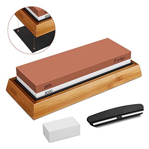 Cuchillo Piedra de Afilar Kit, YINKUU Profesional Piedra Afilar Sacapuntas Piedra Juego, Premium 2 Lado Grano 3000/8000 Agua Piedra, Antideslizante Bambú Base