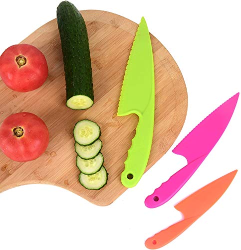 Cuchillos de Cocina de Plástico,3 Pack Cuchillos de Cocina de Nailon Juego Cuchillos de Seguridad para Niños Cuchillo en 3 Tamaños para Pan Ensalada de Lechuga Fruta Sin BPA