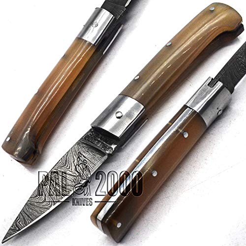 Cuchillos de Damasco - Cuchillo plegable de acero de Damasco hecho a mano con vaina - Longitud de la hoja inferior a 7,60 cm - LEGAL PARA EL TRANSPORTE - Hoja plegable desbloqueable - SNGS-9737