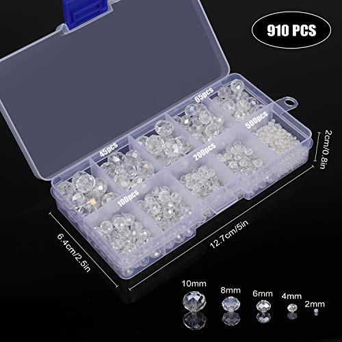 Cuentas Cristal Plastico 900+ Piezas Cuentas Cristal Facetado con Hilo de Abalorios Transparente para Manualidades Bricolaje (2, 4, 6, 8, 10mm)