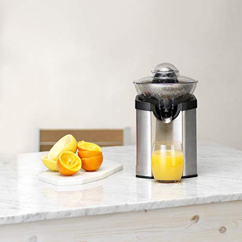 Cuisinart CCJ210E Exprimidor eléctrico de acero inoxidable con función Turbo, sistema antigoteo, todo tipo de cítricos, apto lavavajillas, apto con vaso alto