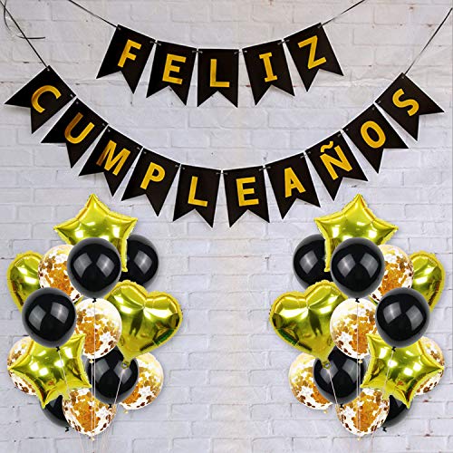 Cumpleaños, Feliz CumpleañOs decoración, 30 Piezas de Happy Birthday Decoración Dorada - Pack Incluye Banner, Globos de Confeti, Banderines, Cortinas y Mucho Mas ( Dorado )