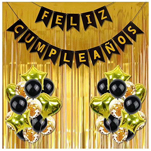 Cumpleaños, Feliz CumpleañOs decoración, 30 Piezas de Happy Birthday Decoración Dorada - Pack Incluye Banner, Globos de Confeti, Banderines, Cortinas y Mucho Mas ( Dorado )