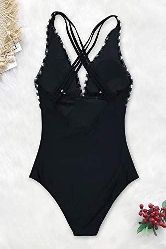 CUPSHE Mujer Traje de Baño a Cuadros Bañador Escote en V Traje de Baño Una Pieza Negro M