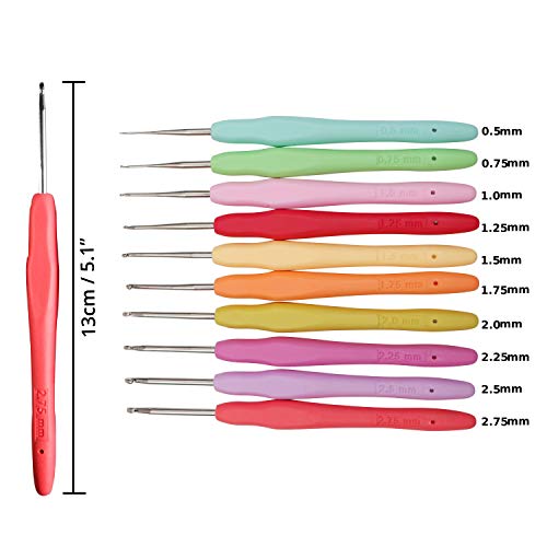 Curtzy Agujas de Ganchillo (10 piezas) - 13cm x Tamaño 0.5mm - 2.75mm Gancho de Ganchillo Conjunto con Suave Mango de Goma - Ganchillo Agujas para de Cordón, Tapetes de Flores y Más