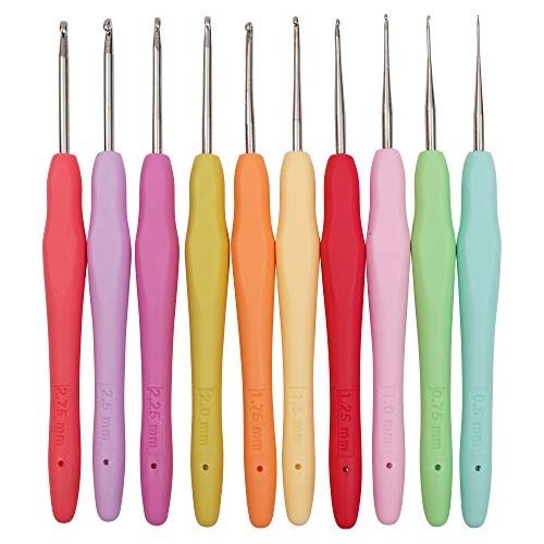 Curtzy Agujas de Ganchillo (10 piezas) - 13cm x Tamaño 0.5mm - 2.75mm Gancho de Ganchillo Conjunto con Suave Mango de Goma - Ganchillo Agujas para de Cordón, Tapetes de Flores y Más