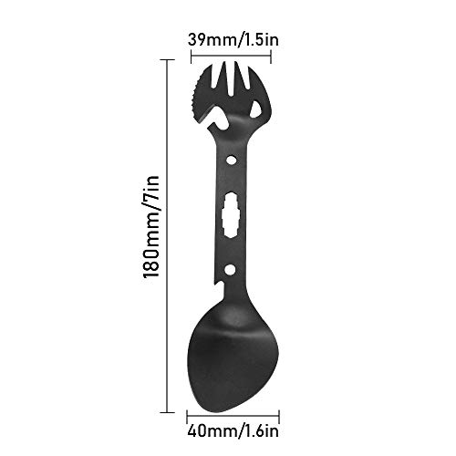 D-Orange 2 Piezas Portátil Multifunción Cuchara, 8 en 1 Acero Inoxidable Tenedor de Cuchara Abrebotellas, para Acampada, Senderismo al Aire Libre, Picnic(Negro y Plata)