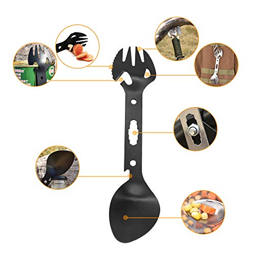 D-Orange 2 Piezas Portátil Multifunción Cuchara, 8 en 1 Acero Inoxidable Tenedor de Cuchara Abrebotellas, para Acampada, Senderismo al Aire Libre, Picnic(Negro y Plata)