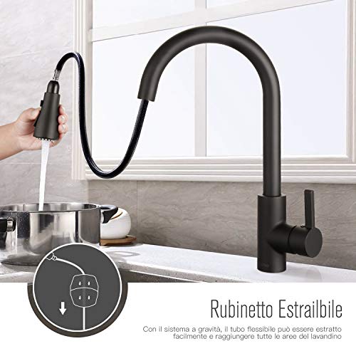 Dalmo DAKF8F - Grifo de cocina con alcachofa extraíble de 40 cm, válvula de cerámica y 2 modos de agua, aireador ABS y mate negro y 360 giratorio para fregadero de 2 bañeras