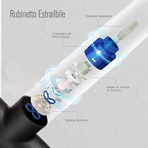 Dalmo DAKF8F - Grifo de cocina con alcachofa extraíble de 40 cm, válvula de cerámica y 2 modos de agua, aireador ABS y mate negro y 360 giratorio para fregadero de 2 bañeras