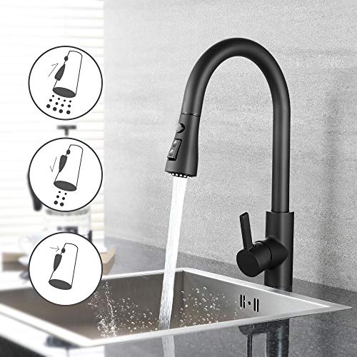 Dalmo DAKF8F - Grifo de cocina con alcachofa extraíble de 40 cm, válvula de cerámica y 2 modos de agua, aireador ABS y mate negro y 360 giratorio para fregadero de 2 bañeras