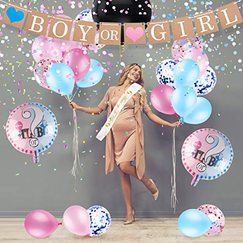 Danolt Género revelan Partido Kit 52 PCS género revelan el Globo de látex con Azul y Rosa Confeti-niño o niña Foto Banner Stand Props-decoración para Baby Shower Fiesta de cumpleaños