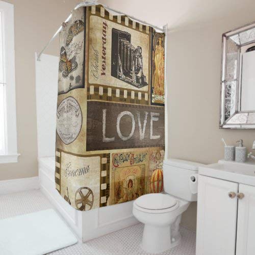 daoyiqi Vintage Scrapbook Collage Love Chocolate Cinema Cortina de ducha para baño, decoración de baño, cortina de baño de tela brillante, cortina de ducha con 12 ganchos, multicolor 72 x 72 pulgadas