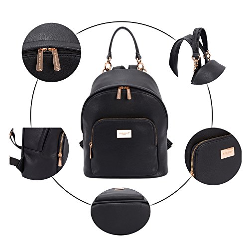 David Jones - Bolso Mochila Mujer Pequeña - Morral Cuero Piel PU Suave - Backpack Daypack Casual Mini Señora Niña - Bolsos de Mano Hombro Viaje Escolar Universidad Colegio Ocio Elegante Moda - Negro