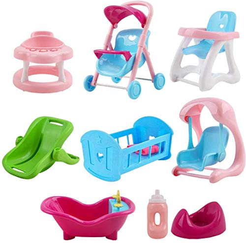 deAO Colección de Muñecas Bebé Tamaño Mini (13cm) y Accesorios Conjunto Incluye 8 Muñecas, Bañera, Trona, Carrito, Cuna, Andador y Más
