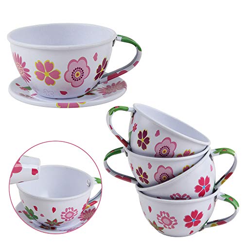 deAO Juego de Té en Maletín Portátil Conjunto Infantil de 14 Piezas Incluye Tetera, Platos y Tazas Diseño Metálico de Imitación Maleta Picnic (Blanco)