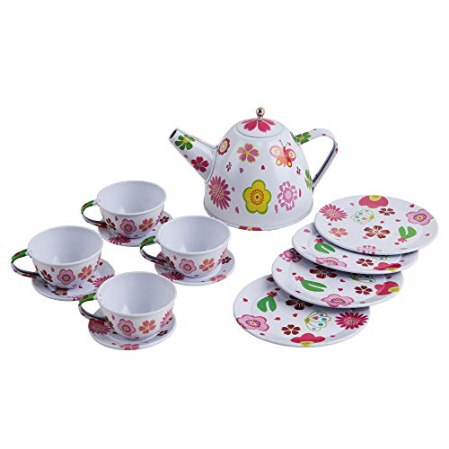 deAO Juego de Té en Maletín Portátil Conjunto Infantil de 14 Piezas Incluye Tetera, Platos y Tazas Diseño Metálico de Imitación Maleta Picnic (Blanco)