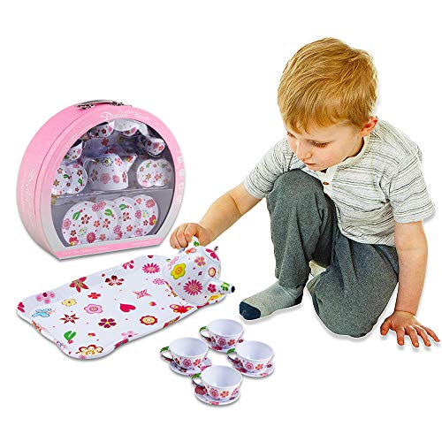 deAO Juego de Té en Maletín Portátil Conjunto Infantil de 14 Piezas Incluye Tetera, Platos y Tazas Diseño Metálico de Imitación Maleta Picnic (Blanco)