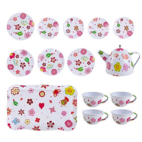 deAO Juego de Té en Maletín Portátil Conjunto Infantil de 14 Piezas Incluye Tetera, Platos y Tazas Diseño Metálico de Imitación Maleta Picnic (Blanco)