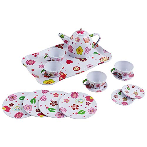 deAO Juego de Té en Maletín Portátil Conjunto Infantil de 14 Piezas Incluye Tetera, Platos y Tazas Diseño Metálico de Imitación Maleta Picnic (Blanco)