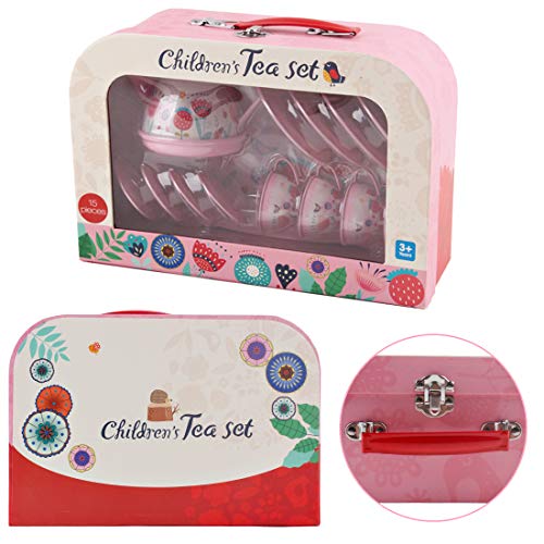 deAO Juego de Té en Maletín Portátil Conjunto Infantil de 14 Piezas Incluye Tetera, Platos y Tazas Diseño Metálico de Imitación Maleta Picnic (Rosa)