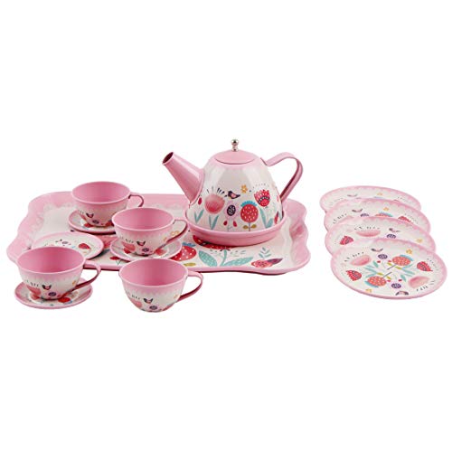 deAO Juego de Té en Maletín Portátil Conjunto Infantil de 14 Piezas Incluye Tetera, Platos y Tazas Diseño Metálico de Imitación Maleta Picnic (Rosa)