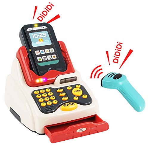 deAO Supermercado Tienda de Juguete Puesto de Mercado Infantil con Carrito de la Compra, Scanner, Caja Registradora y más de 20 Accesorios de Imitación Incluidos (Rojo)
