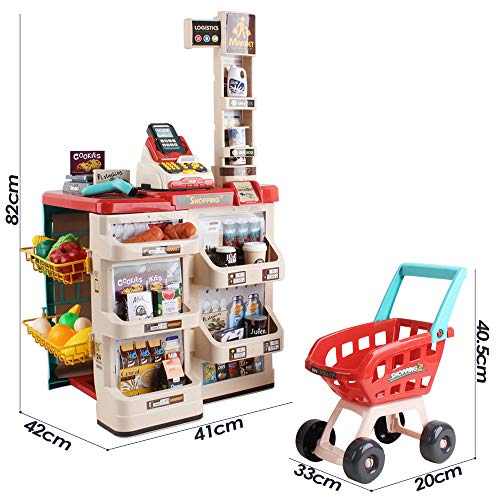 deAO Supermercado Tienda de Juguete Puesto de Mercado Infantil con Carrito de la Compra, Scanner, Caja Registradora y más de 20 Accesorios de Imitación Incluidos (Rojo)